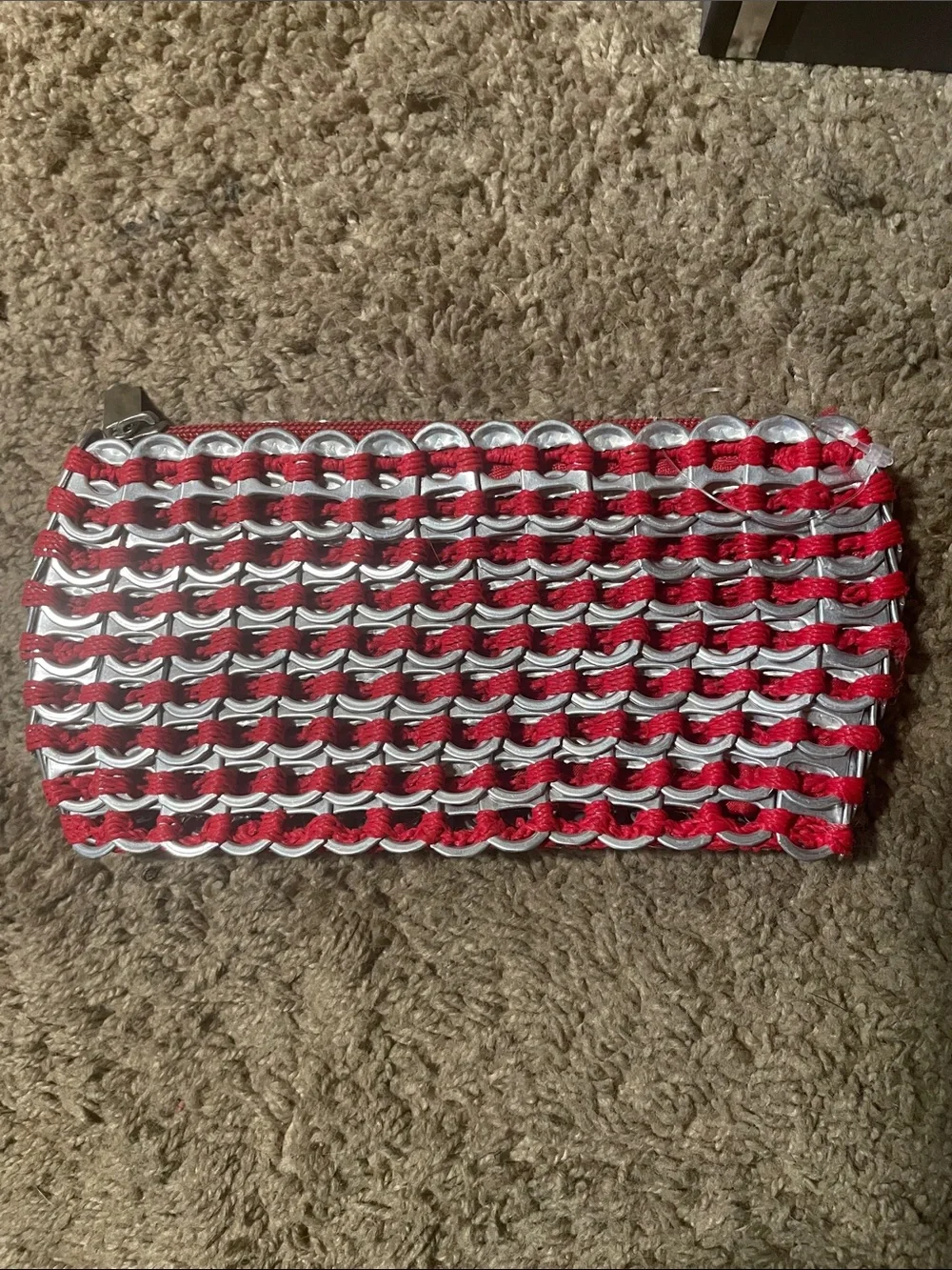 Escada Red and Silver Woven Zip Cosmetic Pouch